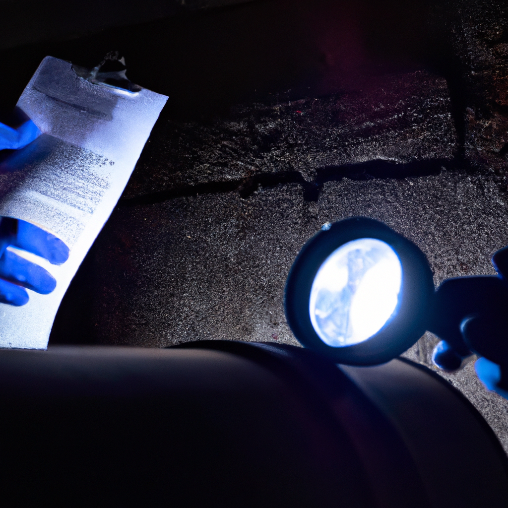 Close-up of a ChimneySafe inspector documenting a flue condition with a flashlight and checklist
